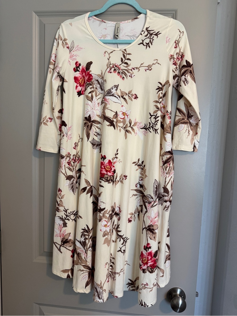 Pomelo Cream Floral Long-Sleeve Swing Dress with Pink Blooms